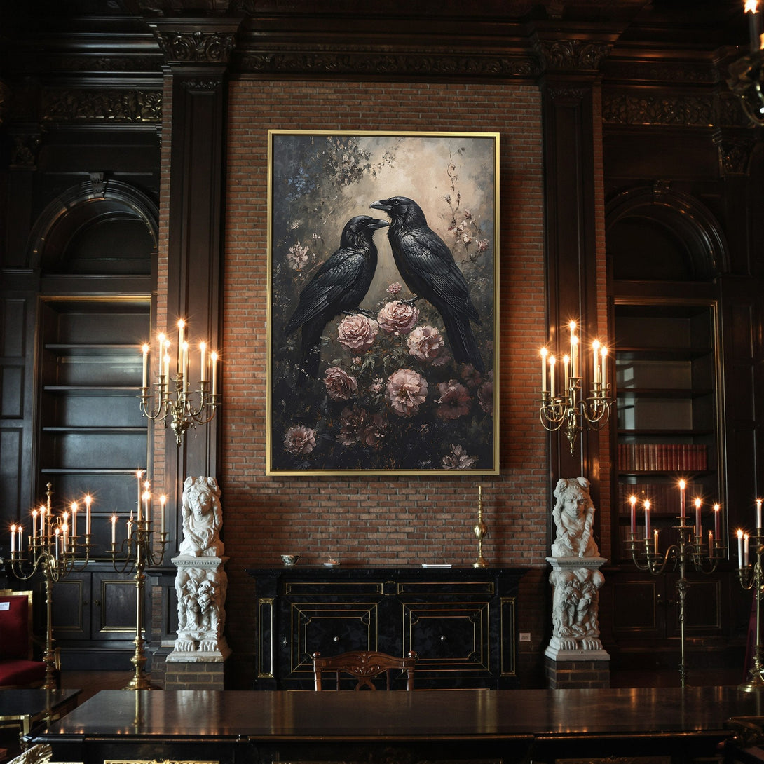 Canvas Print featuring two ravens on a floral background, dark and moody aesthetic with a muted color palette. Perfect for gothic decor.
