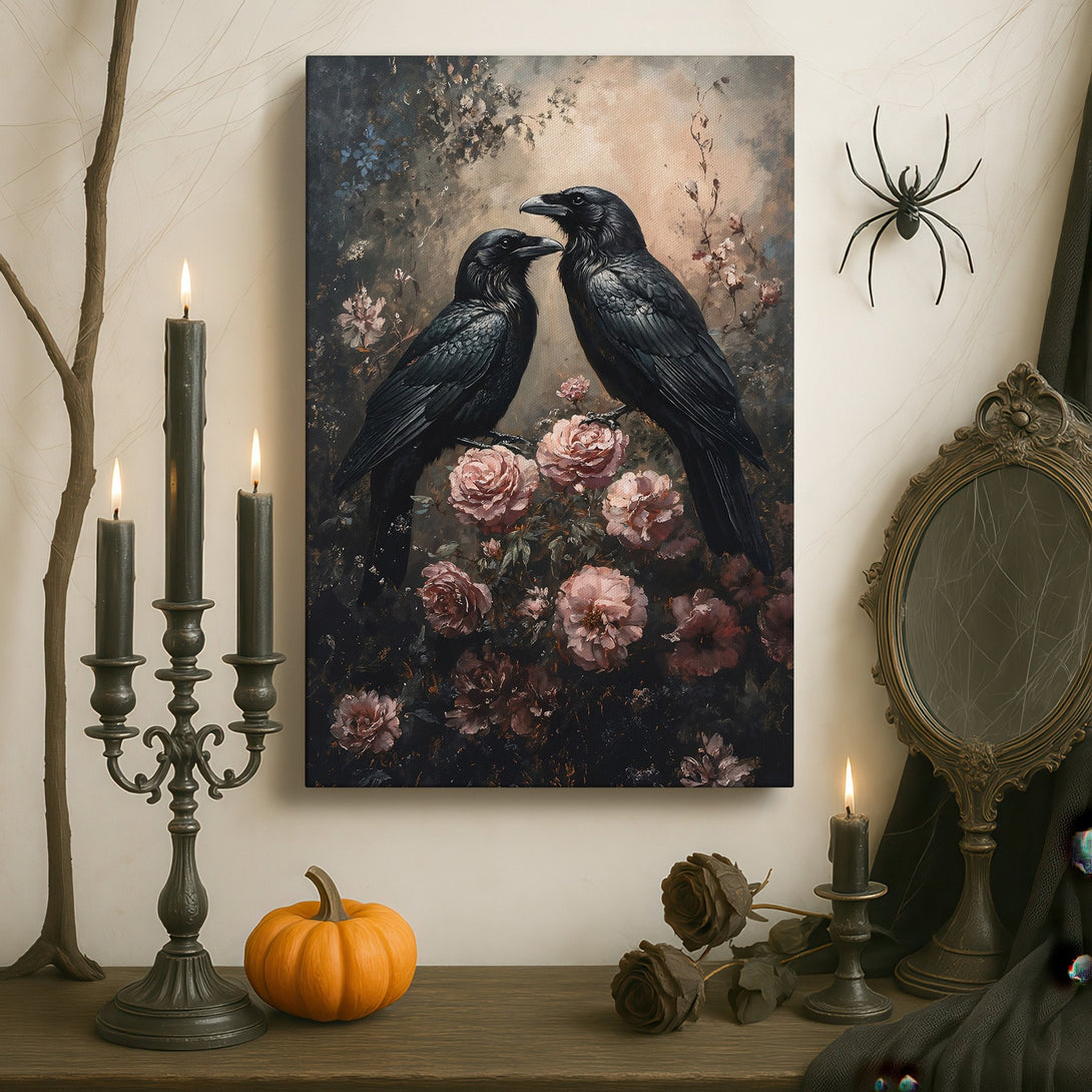 Framed Wall Art featuring two crows and roses. Dark, moody color palette. Perfect for adding a touch of gothic elegance to your home.