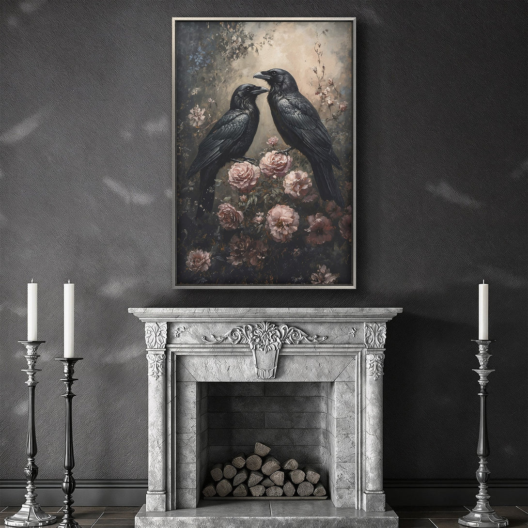 Framed Wall Art featuring two ravens on roses, a vintage style painting with a moody, dark color palette. Perfect for gothic home decor.