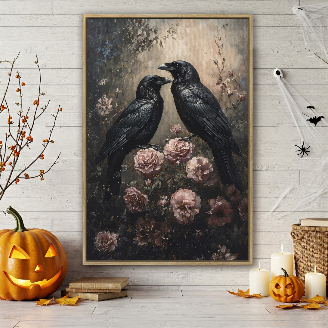Framed Wall Art featuring two ravens and roses in a moody, vintage style. Dark, romantic color palette perfect for Halloween decor.