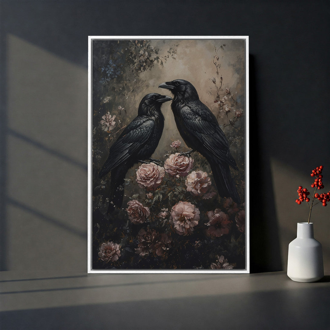 Framed Wall Art: Two black ravens perched on pink roses. Dark, moody aesthetic with a vintage, painterly style. Perfect for adding a touch of gothic elegance.