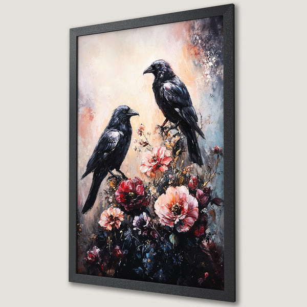 Framed Poster featuring black crows & flowers in an impressionistic style with a dark, moody color palette. Perfect wall art for your home!