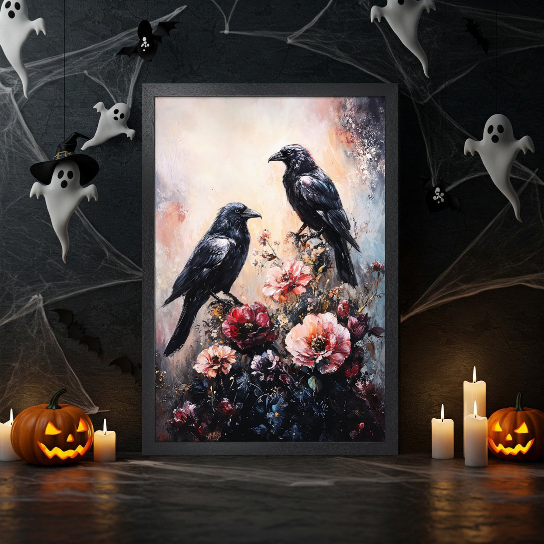 Framed Poster featuring black crows and flowers in a moody, painterly style with a dark, rich color palette. Perfect Halloween decor!