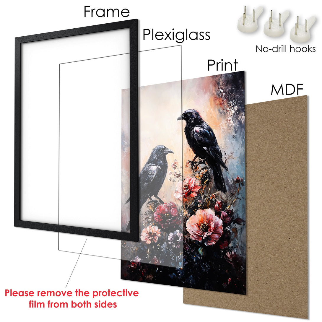 Framed Poster of a raven and flowers, art print with a dark, moody color palette. Perfect wall decor!