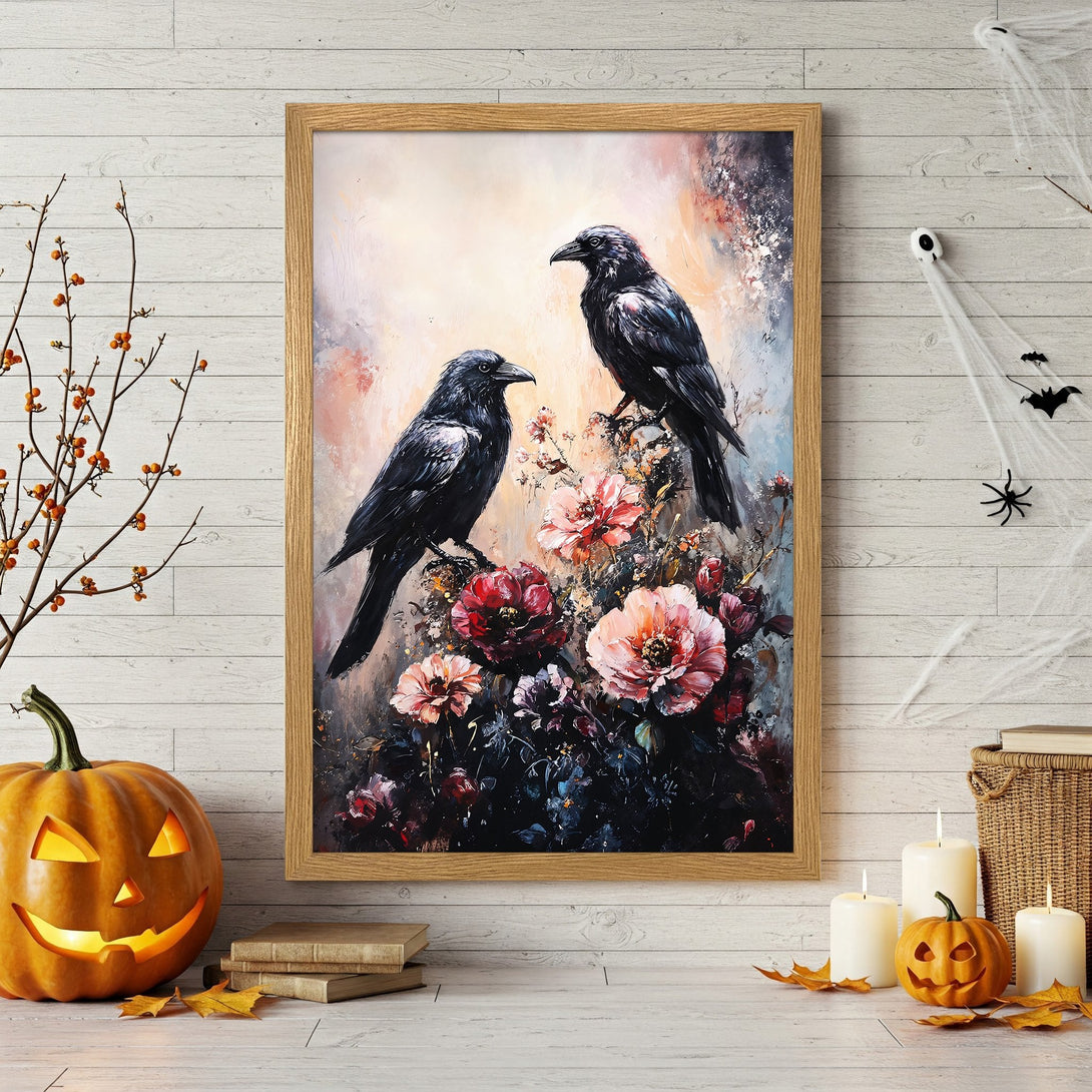 Framed Poster featuring two black ravens on floral background, oil painting style, rich color palette with dark and warm tones. Perfect for Halloween decor!