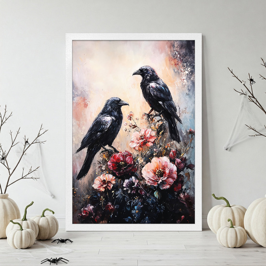 Framed Poster featuring two black crows on flowers, painterly style, with a dark, moody color palette. Perfect wall art!