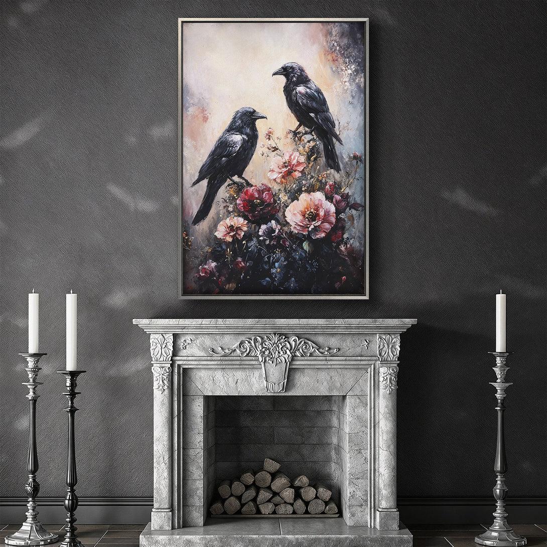 Framed Wall Art featuring two black ravens perched on flowers. Moody, vintage style with a dark, romantic color palette. Perfect for a statement piece.