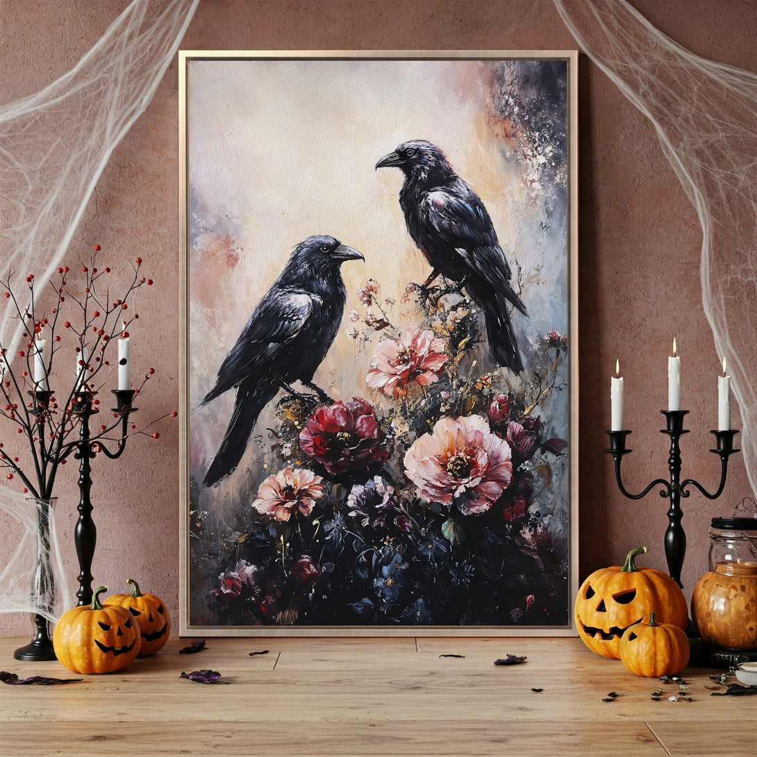 Framed Wall Art featuring two crows on flowers, dark & moody color palette, perfect for Halloween decor. Add a touch of spooky elegance!