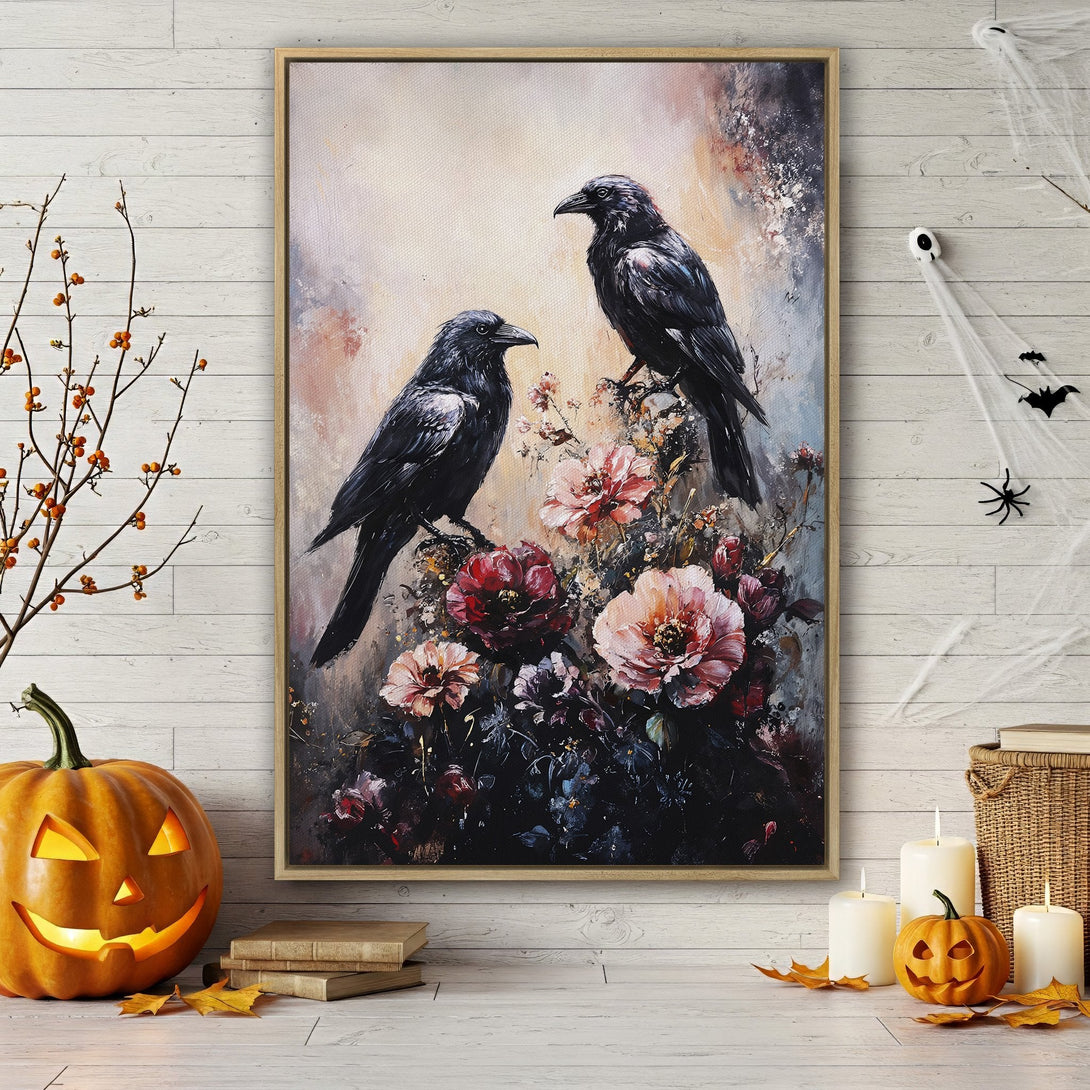 Framed Wall Art featuring elegant ravens and flowers in a moody, painterly style. Rich black, red, and cream color palette perfect for Halloween decor.