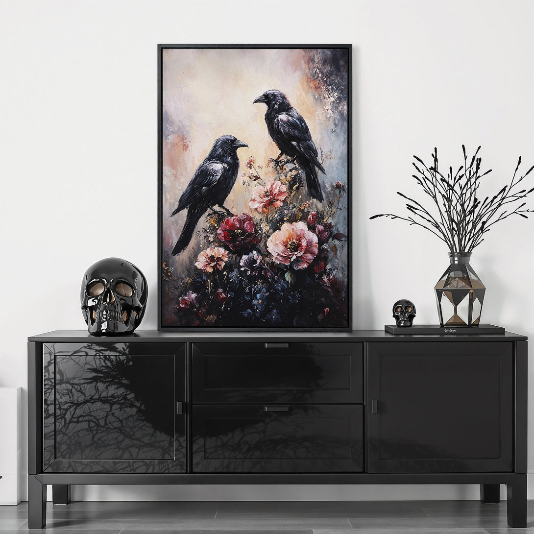 Framed Wall Art: Two ravens perched on flowers, dark and moody painting with a black frame. Perfect for adding gothic style to your home decor.