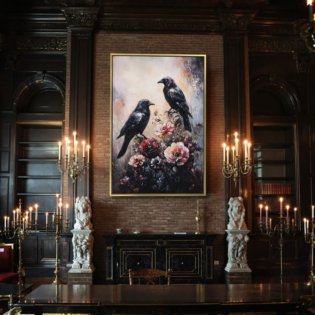 Canvas Print of ravens and flowers in a moody, gothic style. Dark, rich color palette perfect for Halloween decor.