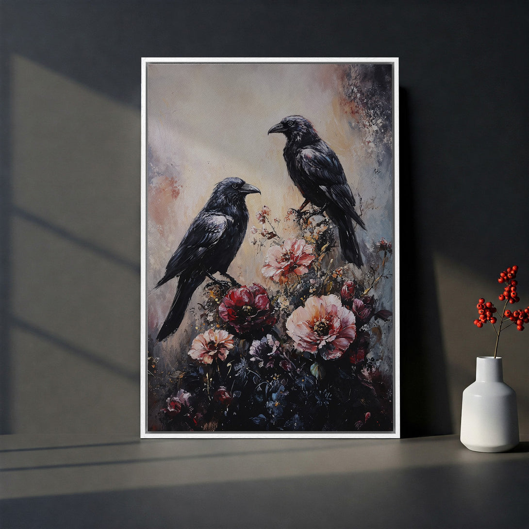 Framed Wall Art: Dramatic painting of two crows on flowers, moody style with dark reds, blacks, and neutral tones. Perfect for a statement piece.