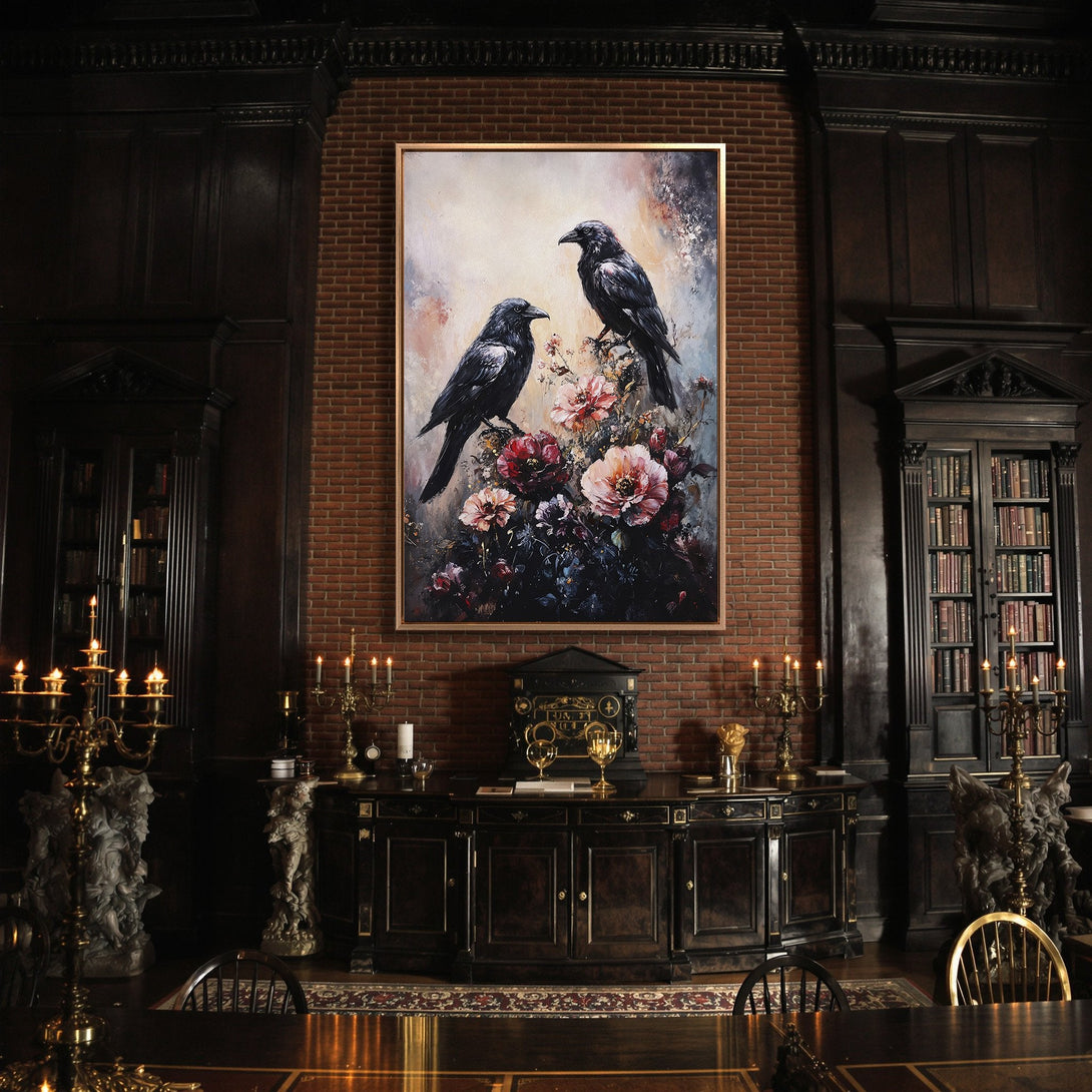 Framed Wall Art featuring two crows on a floral background, displayed in a dark, gothic interior. Rich color palette with blacks, reds, and golds.