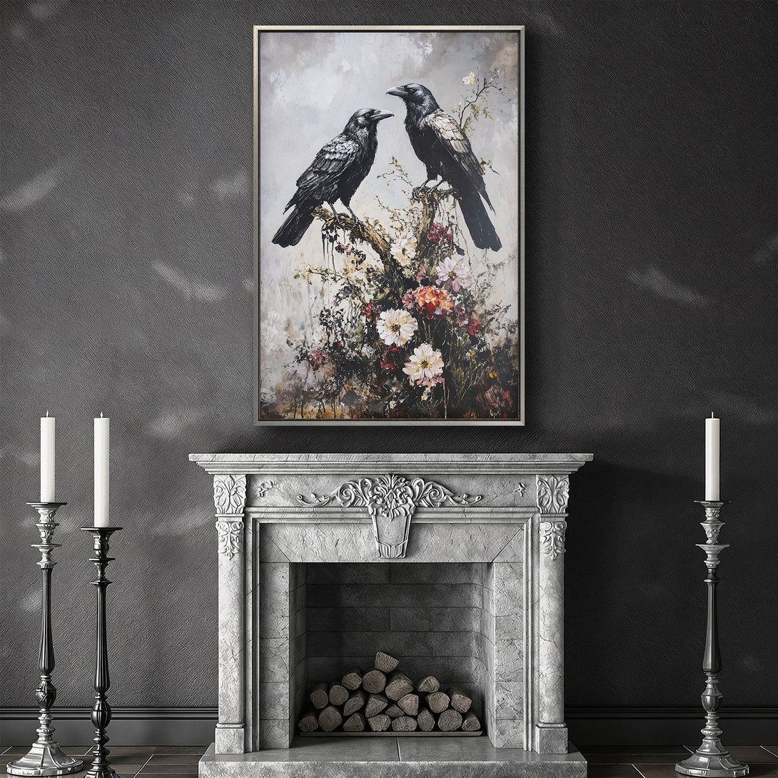 Framed Wall Art featuring two ravens on a branch with floral accents. Dark, moody color palette with black, gray, and pops of red. Perfect for a gothic interior.