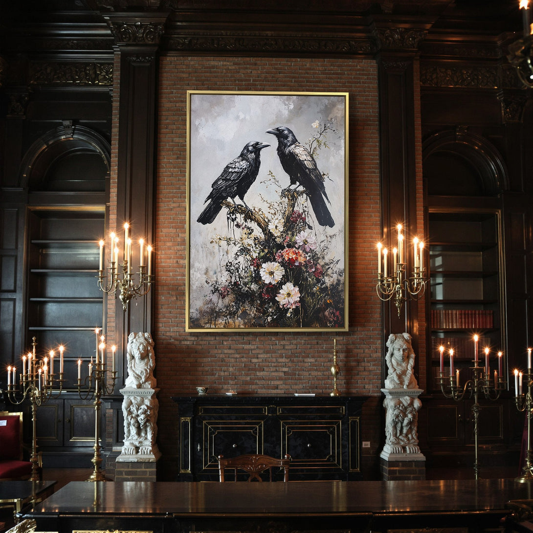 Canvas Print featuring two ravens on a branch with flowers, a gothic-style painting in a moody, dark color palette.