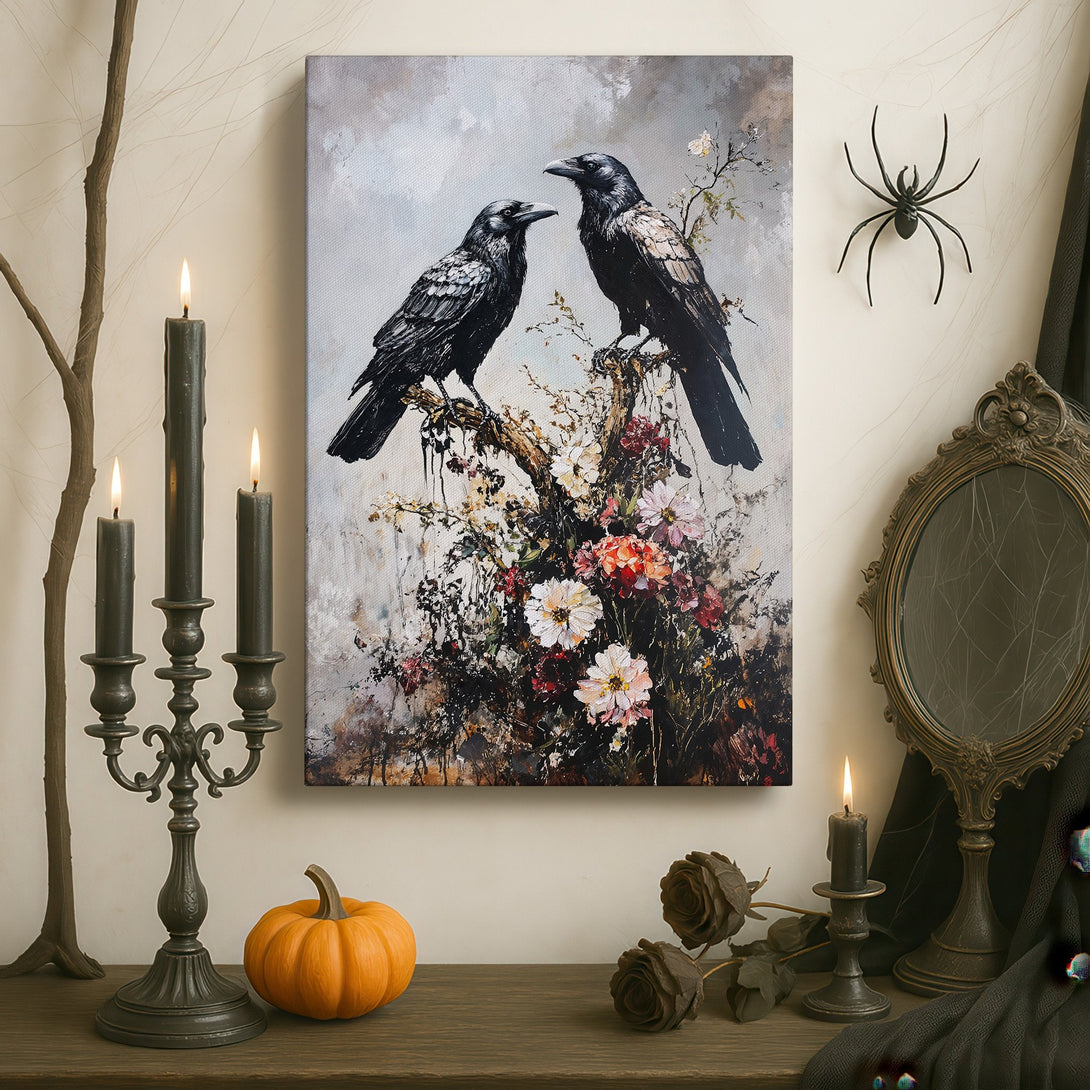 Framed Wall Art featuring two ravens on a branch, painted in a painterly style with a moody, dark color palette. Perfect for sophisticated interiors.