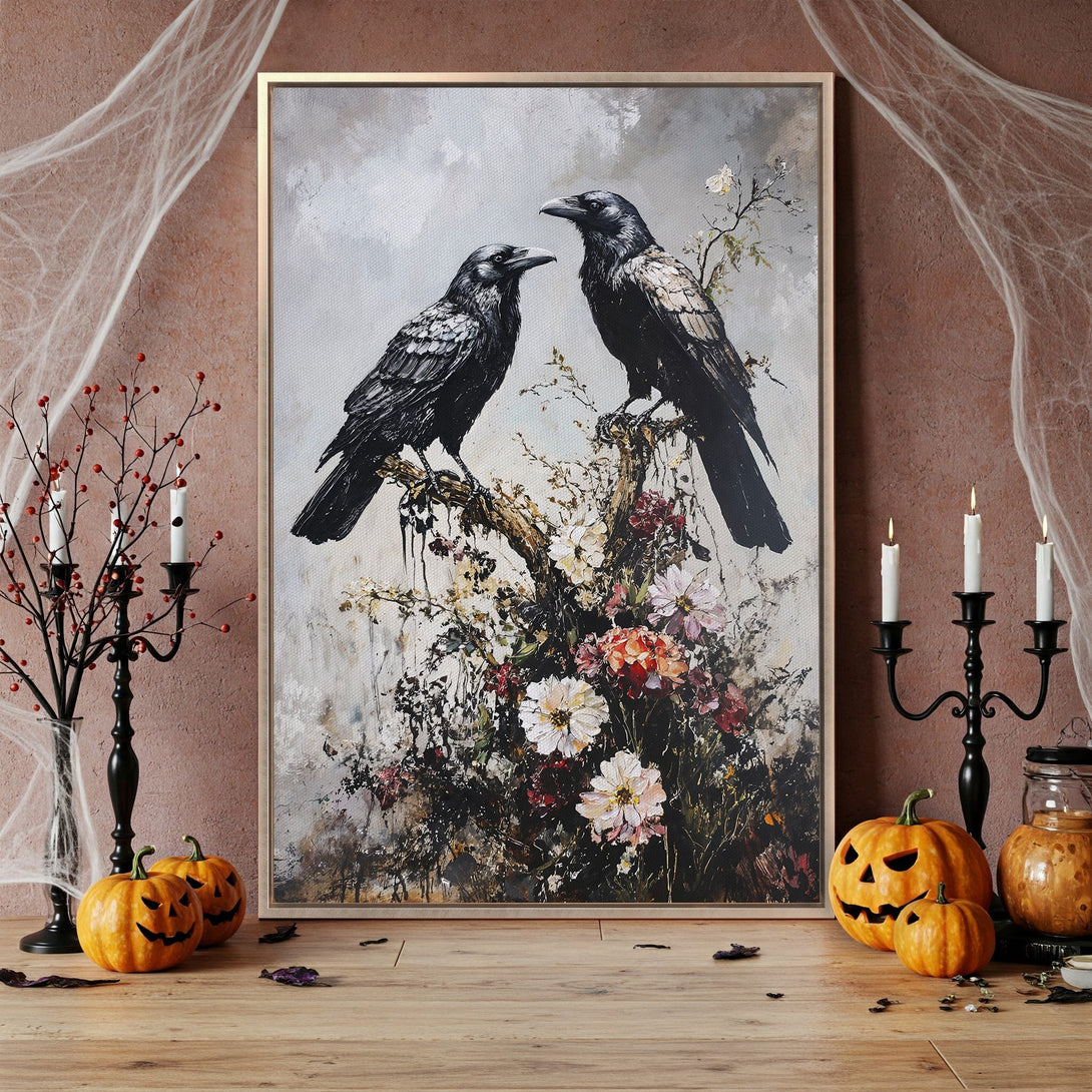Framed Wall Art featuring two black ravens on a branch with flowers, in a moody, painterly style with a neutral and dark color palette. Perfect for Halloween decor.