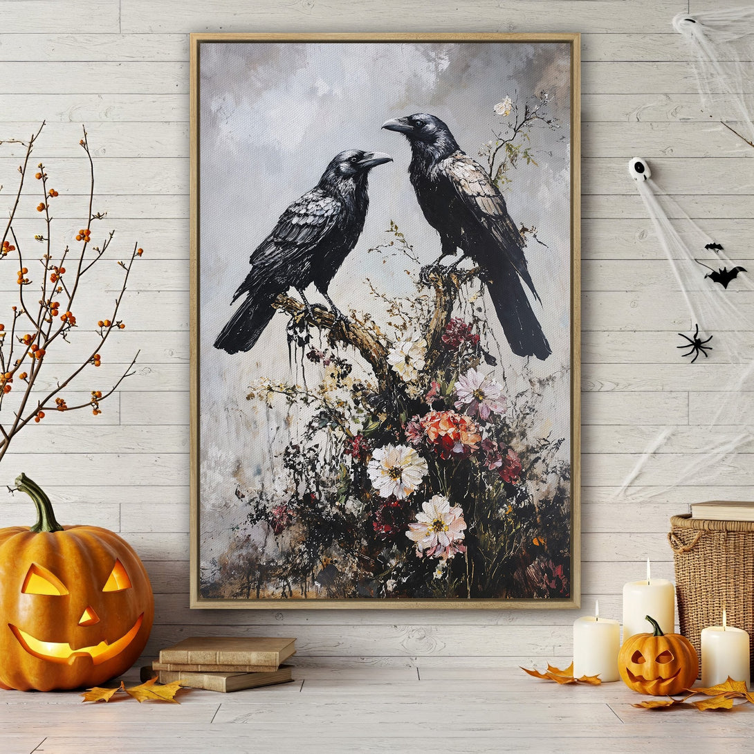 Framed Wall Art featuring two black crows on a floral branch, painted in a moody style with a neutral and dark color palette. Perfect for Halloween decor!