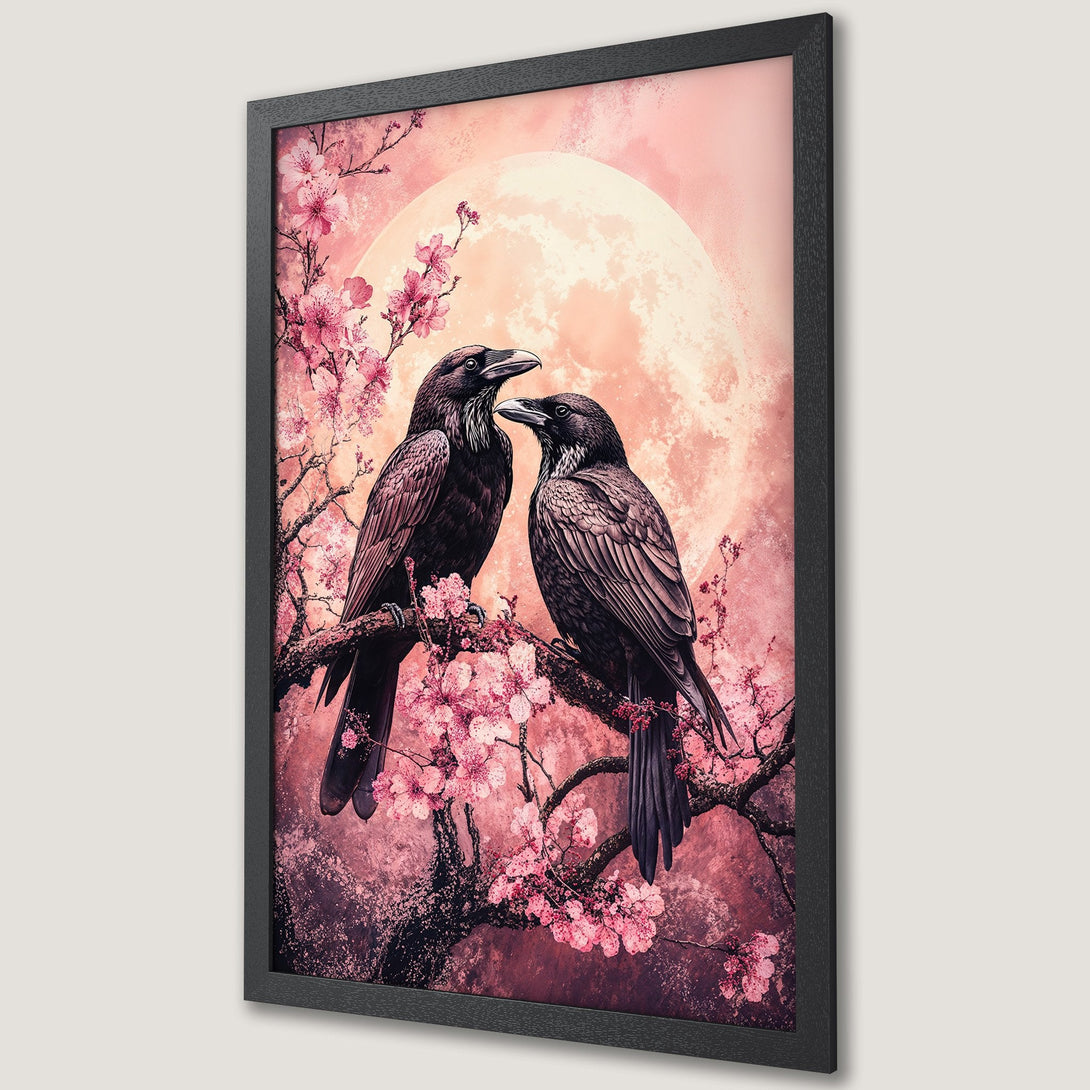 Framed Poster featuring ravens on a cherry blossom branch, with a pink and purple color palette. Perfect wall art for any room!