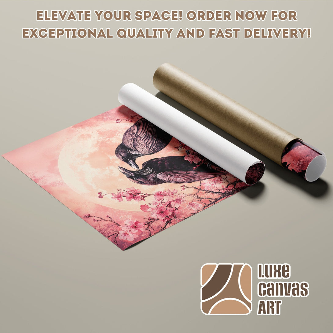 Poster Roll featuring ravens, cherry blossoms, and a soft pink color palette. Elevate your space today!