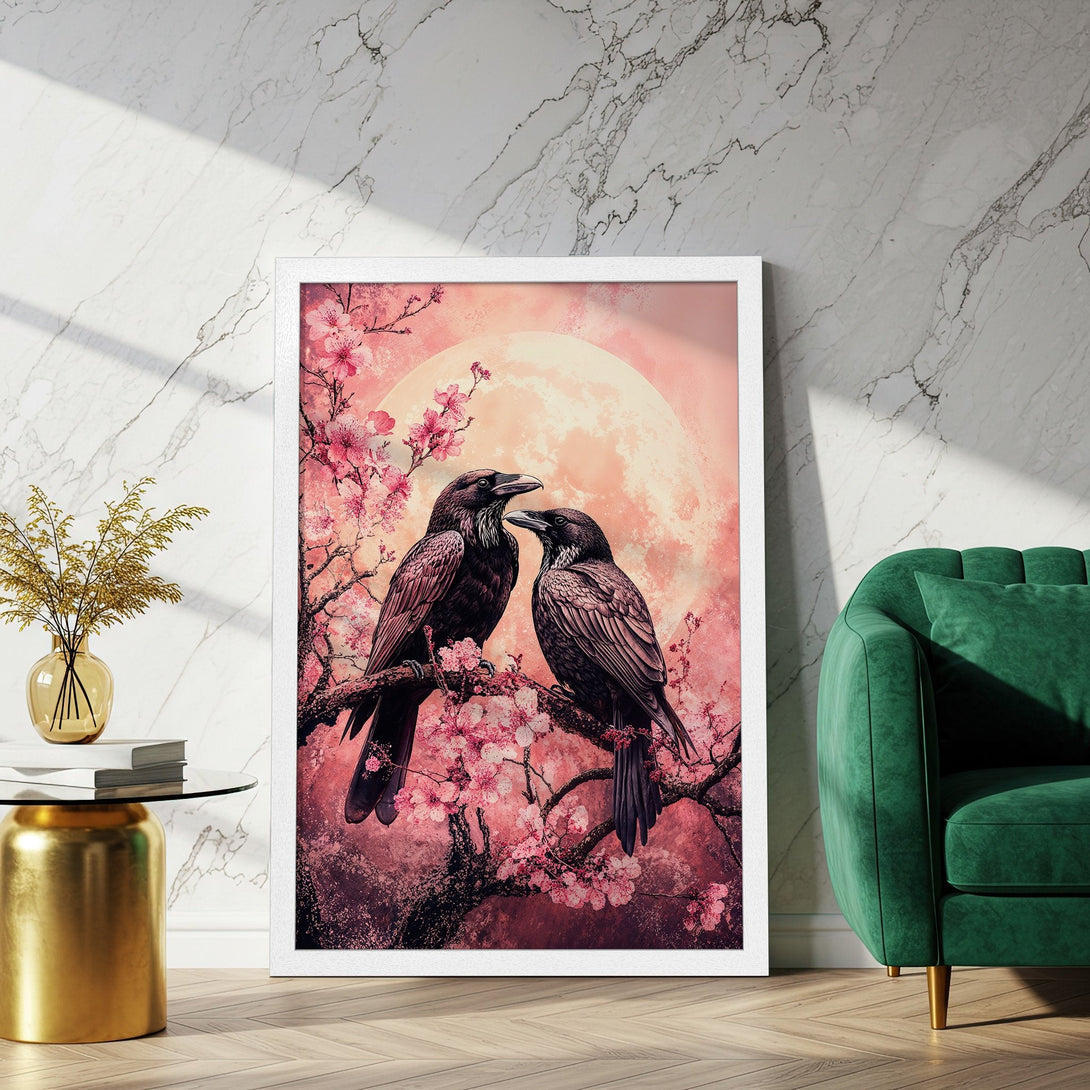 Framed Poster featuring two ravens on a branch with pink cherry blossoms, a soft pink and red color palette. Perfect wall art!
