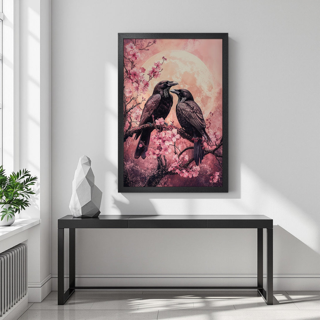 Framed Poster featuring two ravens on a branch with pink blossoms, against a pink moon. Romantic art print in a black frame.