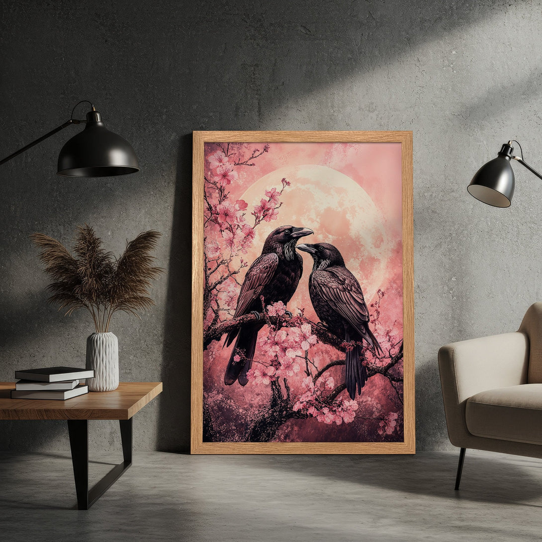 Framed Poster featuring two ravens on a branch with cherry blossoms, in a romantic style, with a pink and black color palette.