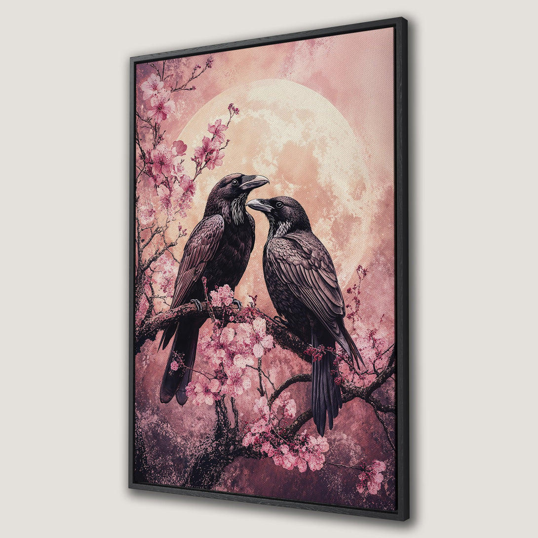 Framed Wall Art featuring two ravens on a branch with cherry blossoms. Romantic, artistic style with a pink and black color palette. Perfect for home decor.