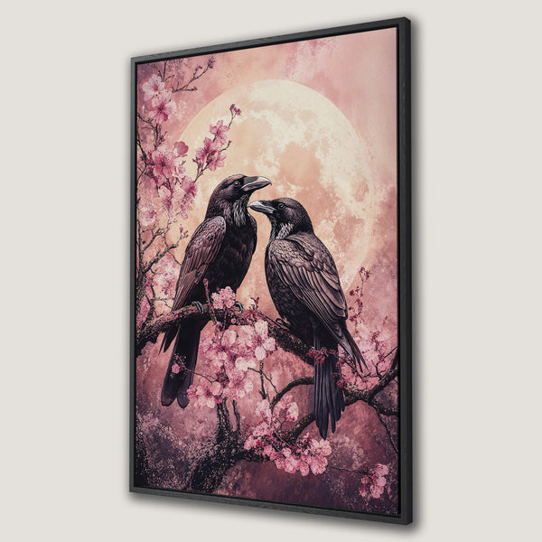 Framed Wall Art featuring two ravens on a branch with cherry blossoms. Romantic, artistic style with a pink and black color palette. Perfect for home decor.