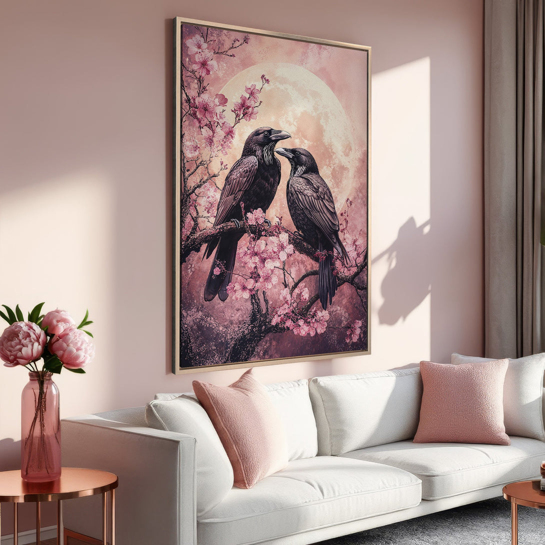 Framed Wall Art: Romantic raven art print in pink & purple. Elegant canvas print of birds on a branch with cherry blossoms. Adds a touch of serenity.