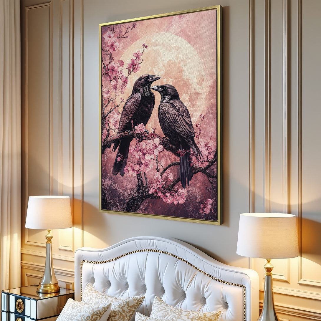 Canvas Print of two ravens on a branch, romantic style with pink blossoms and a soft, warm color palette, perfect for home decor.