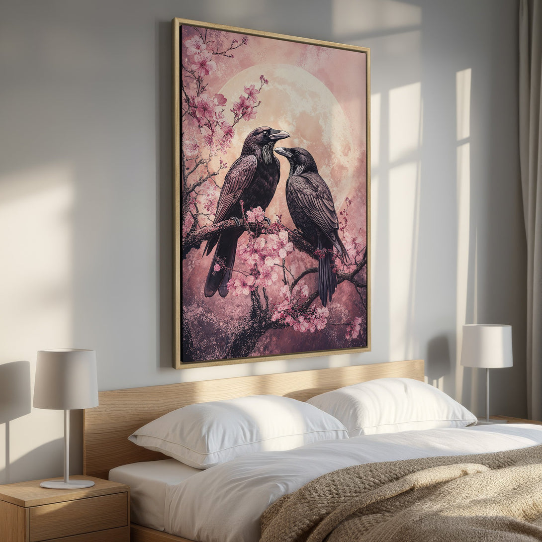 Framed Wall Art: Romantic raven art print in pink and mauve palette. Perfect for bedroom decor. Adds a touch of elegance and charm to any space.