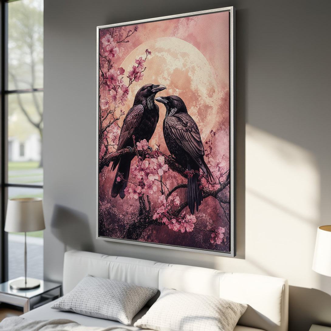 Framed Wall Art: Romantic raven couple Canvas Print in pink and black. Perfect for bedroom decor. Stunning art with a touch of elegance.