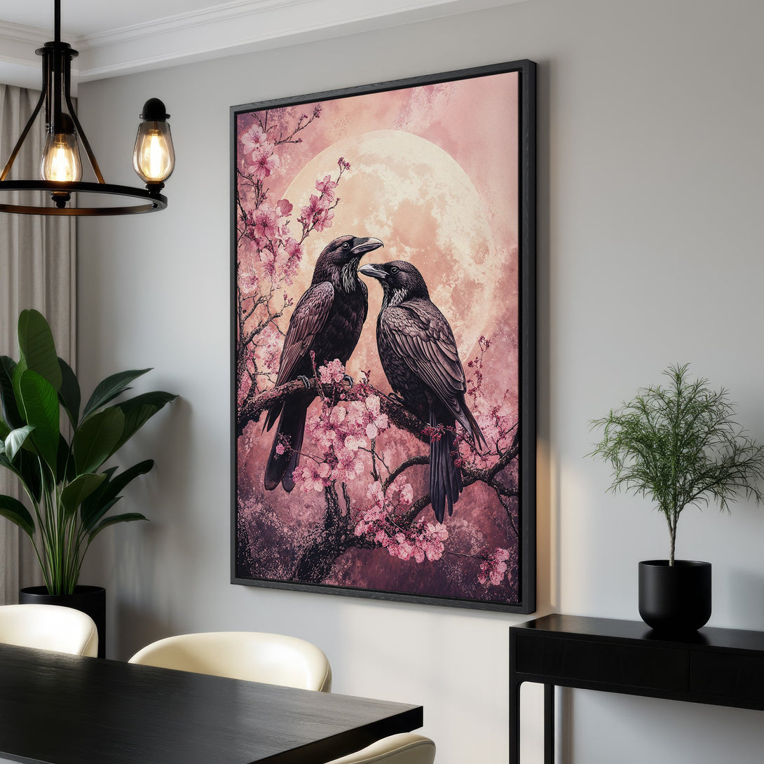 Framed Wall Art featuring two ravens on a branch with pink blossoms. Romantic, artistic style with a soft pink and purple color palette. Perfect for home decor.