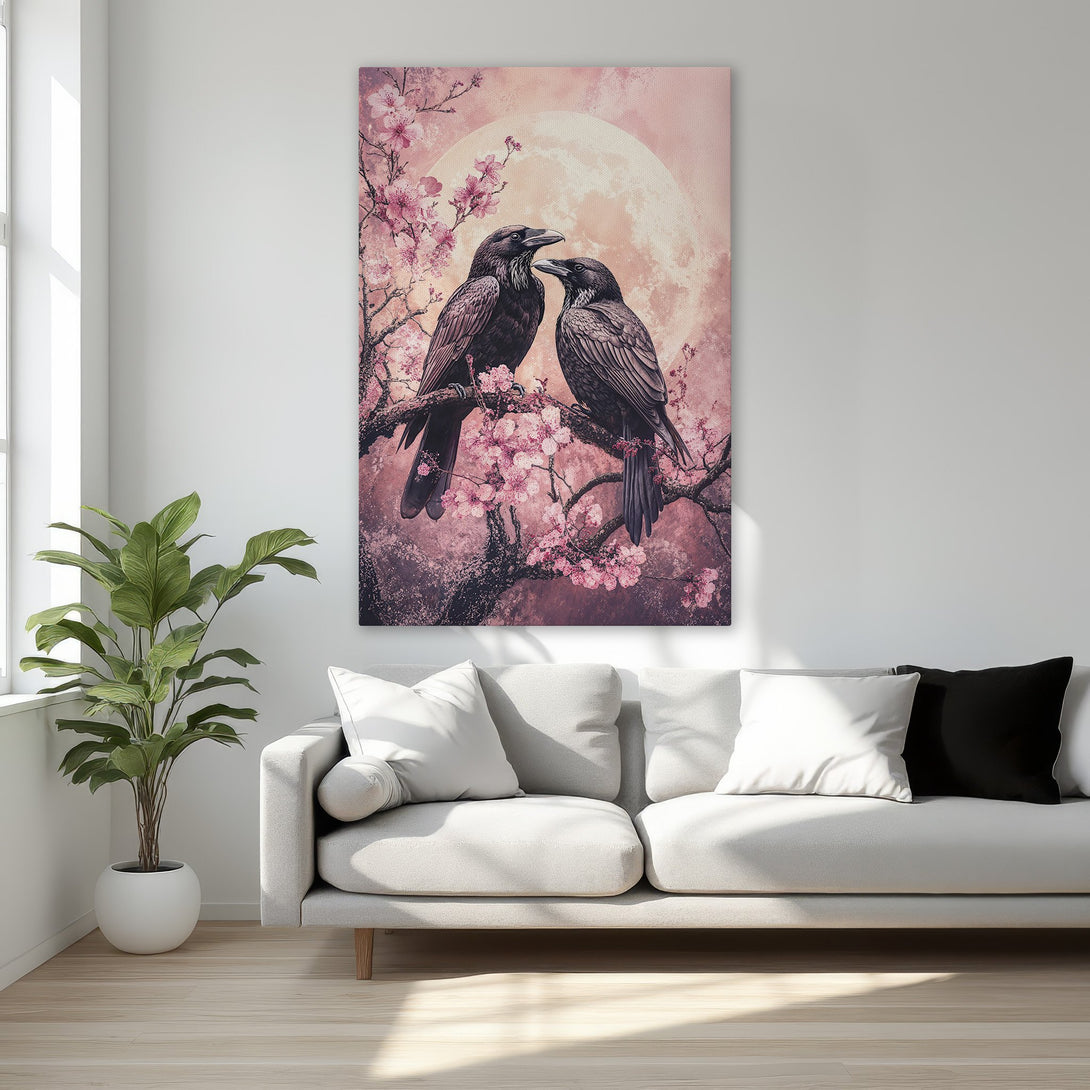 Framed Wall Art: Romantic ravens on a branch with pink blossoms against a moonlit sky. Elegant, vintage-inspired artwork with a warm, blush color palette.