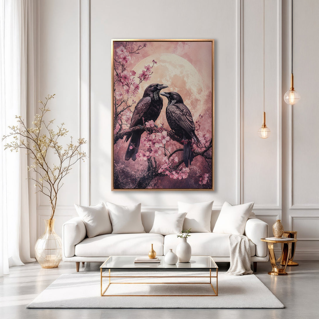 Framed Wall Art: Romantic raven painting with pink blossoms, set in a modern living room. Soft pink and gold color palette, perfect for home decor.