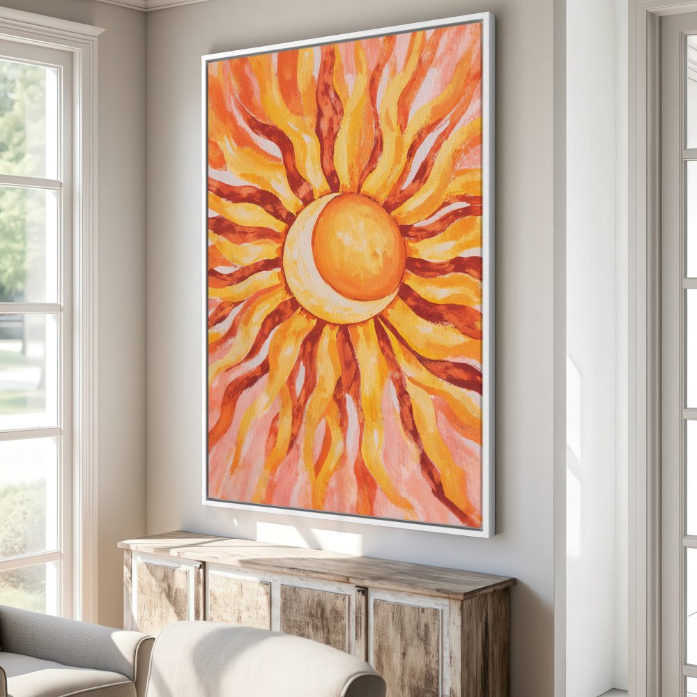 Framed Wall Art: Vibrant sun and moon painting in warm orange and yellow tones. Modern art for a stylish interior. Canvas Print available.