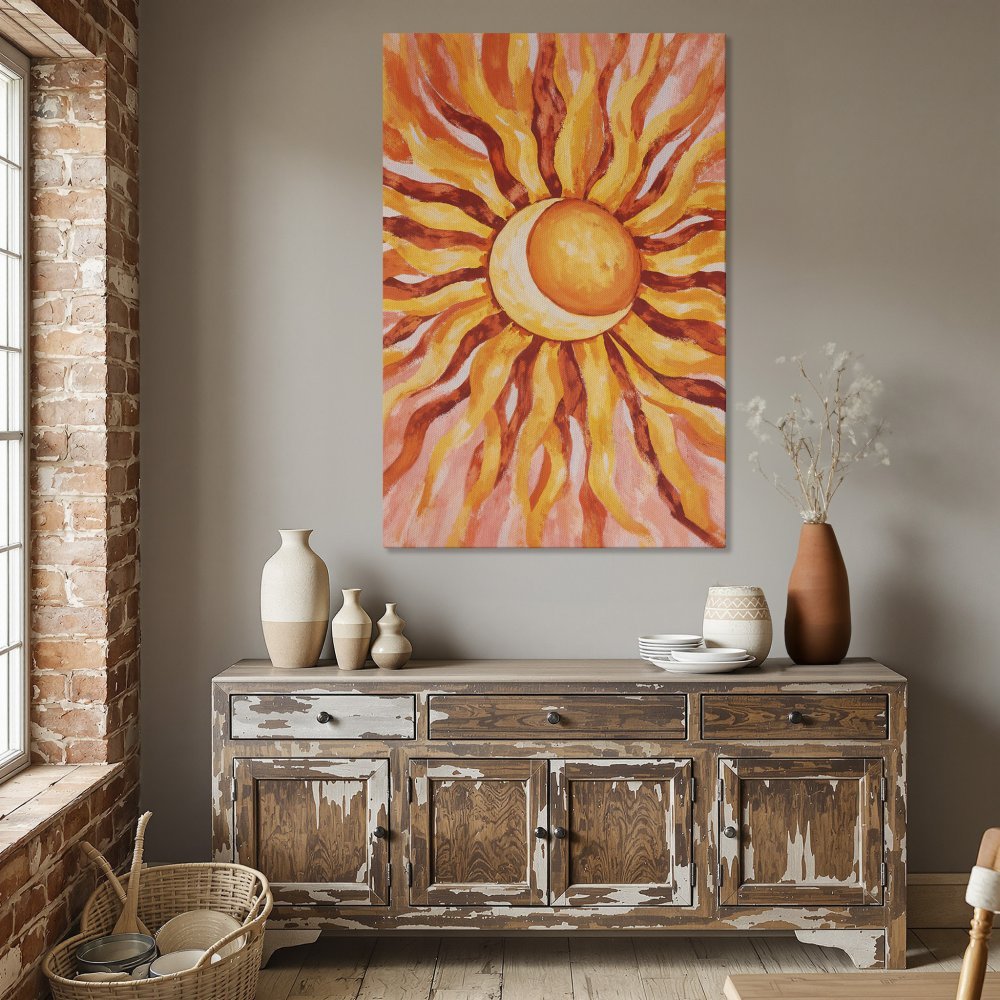 Framed Wall Art: Abstract sunburst painting in warm orange and yellow tones. Perfect for adding a pop of color and bohemian style to your home decor.