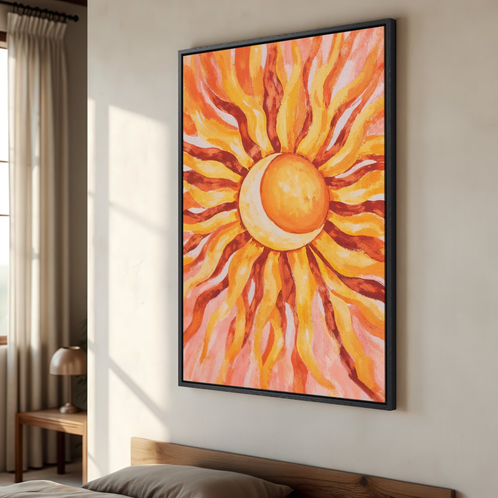 Framed Wall Art: Abstract sun and moon painting in warm orange and yellow tones. Perfect for adding a pop of color and bohemian style to your home.