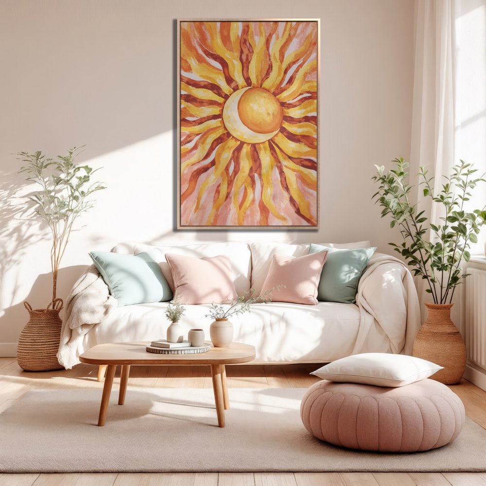 Framed Wall Art: Bohemian sun and moon watercolor painting in warm yellow and orange tones. Perfect for living room decor.