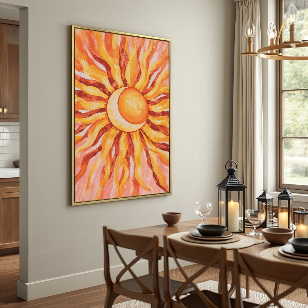 Canvas Print featuring a vibrant sun and moon art piece in warm orange and yellow tones, perfect for adding a pop of color.