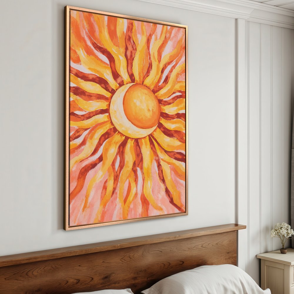 Framed Wall Art: Abstract sun painting in warm orange and yellow tones. Add a touch of sunshine to your space with this vibrant canvas print!