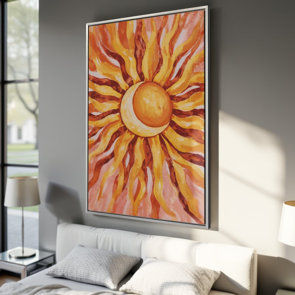 Framed Wall Art: Abstract sun painting in warm orange and yellow tones. Add a touch of sunshine to your bedroom decor!
