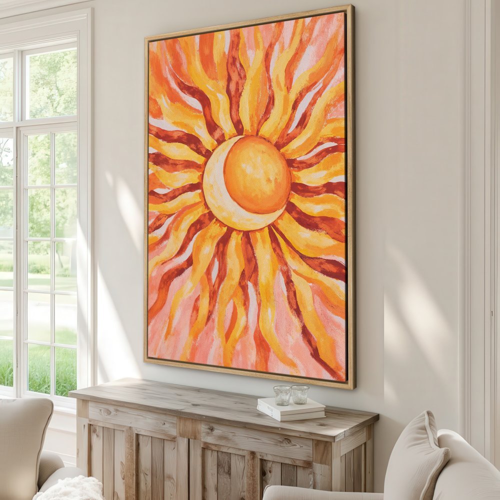 Framed Wall Art: Abstract sun canvas print in warm orange and yellow tones. Perfect for adding a pop of color and modern style to any room.