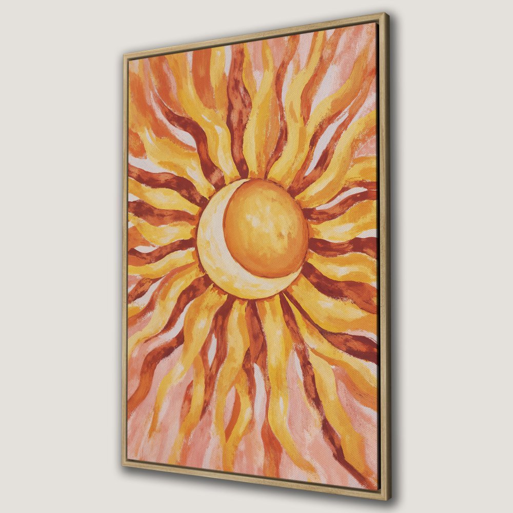 Framed Wall Art: Abstract sun painting in warm orange and yellow hues. Add a touch of sunshine to your space with this vibrant canvas print!