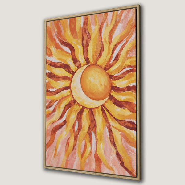 Framed Wall Art: Abstract sun painting in warm orange and yellow hues. Add a touch of sunshine to your space with this vibrant canvas print!