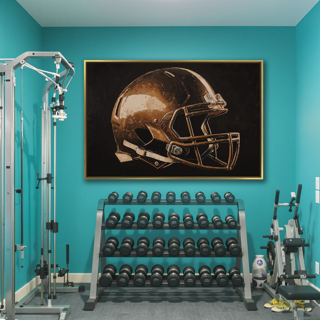 Canvas Print of a football helmet in a bronze color palette, perfect for sports fans and gym decor.