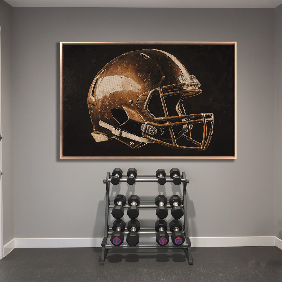 Framed Wall Art featuring a football helmet in a warm, neutral palette. Modern art perfect for a home gym or sports-themed decor.