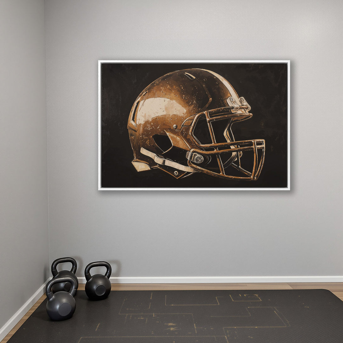 Framed Wall Art: Football helmet canvas print in warm brown tones. Perfect sports decor for your home gym or man cave!