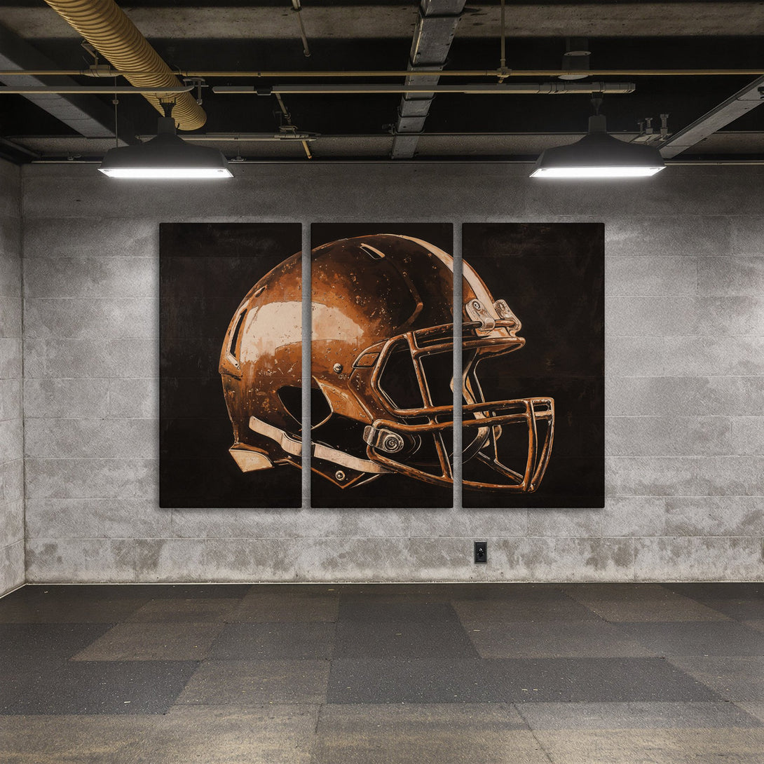 Canvas Print of a football helmet in a vintage style, featuring a brown and gold color palette, perfect wall art for sports fans.